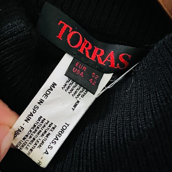 Vintage 80s Torras Leather Accent Argyle Sweater Mock Neck Side Button - 42 - Picture 9 of 10